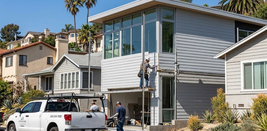 Workers install gray fiber cement siding on a modern LA house.